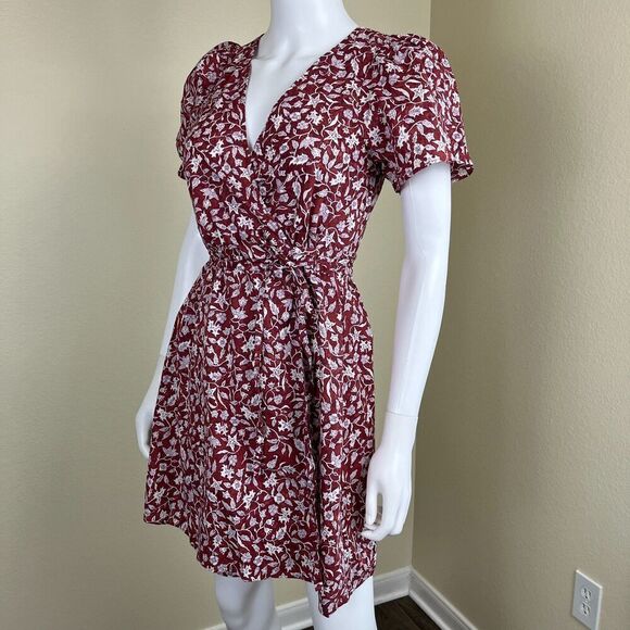 Madewell Women's Size XS Red Foral Wrap Mini Dress Cotton Cottagecore Fall Y2K - Picture 13 of 14